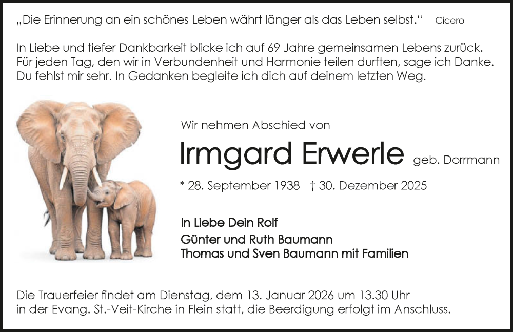  Traueranzeige für Irmgard Erwerle vom 10.01.2026 aus GESAMT