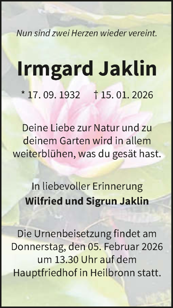  Traueranzeige für Irmgard Jaklin vom 31.01.2026 aus GESAMT