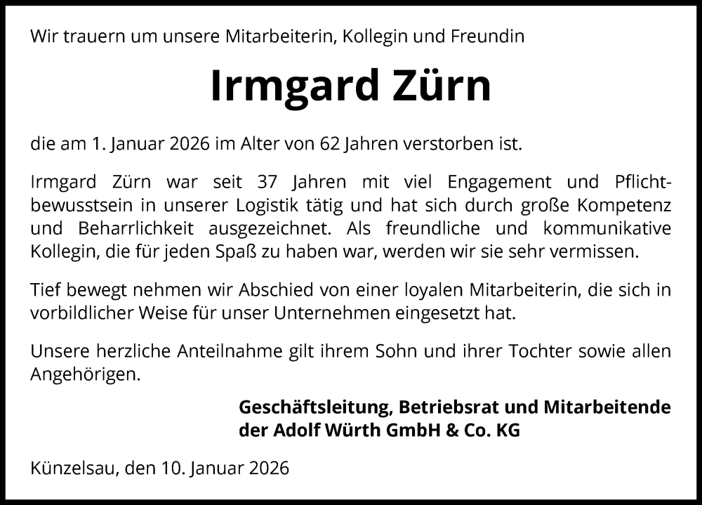  Traueranzeige für Irmgard Zürn vom 10.01.2026 aus GESAMT