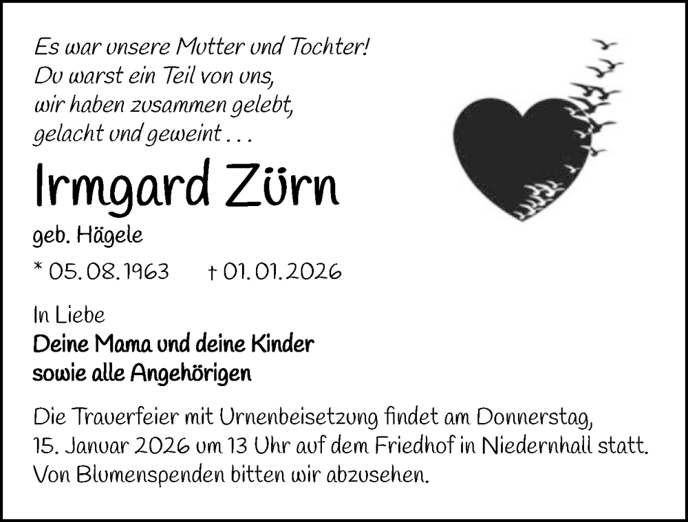  Traueranzeige für Irmgard Zürn vom 10.01.2026 aus GESAMT