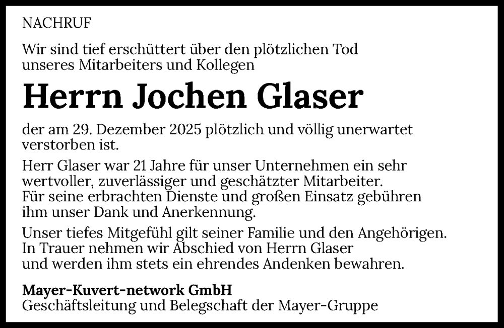  Traueranzeige für Jochen Glaser vom 17.01.2026 aus GESAMT