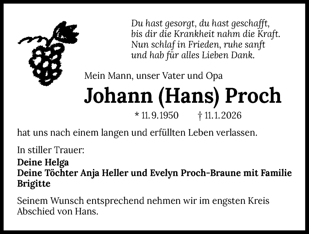  Traueranzeige für Johann Proch vom 17.01.2026 aus GESAMT