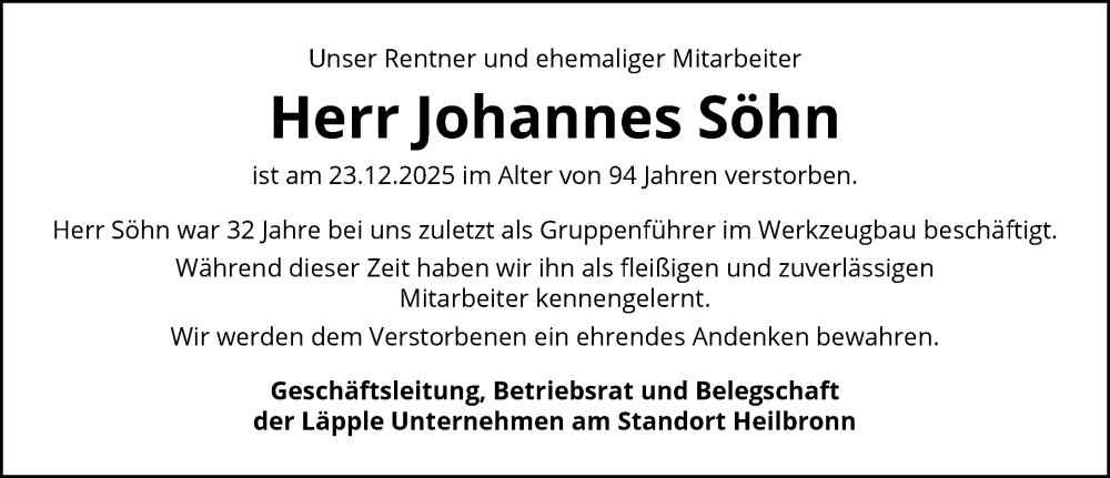  Traueranzeige für Johannes Söhn vom 08.01.2026 aus GESAMT