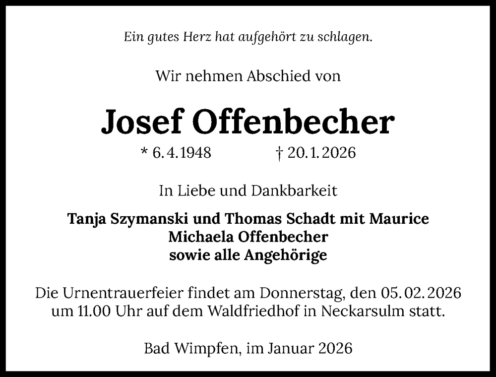  Traueranzeige für Josef Offenbecher vom 24.01.2026 aus GESAMT