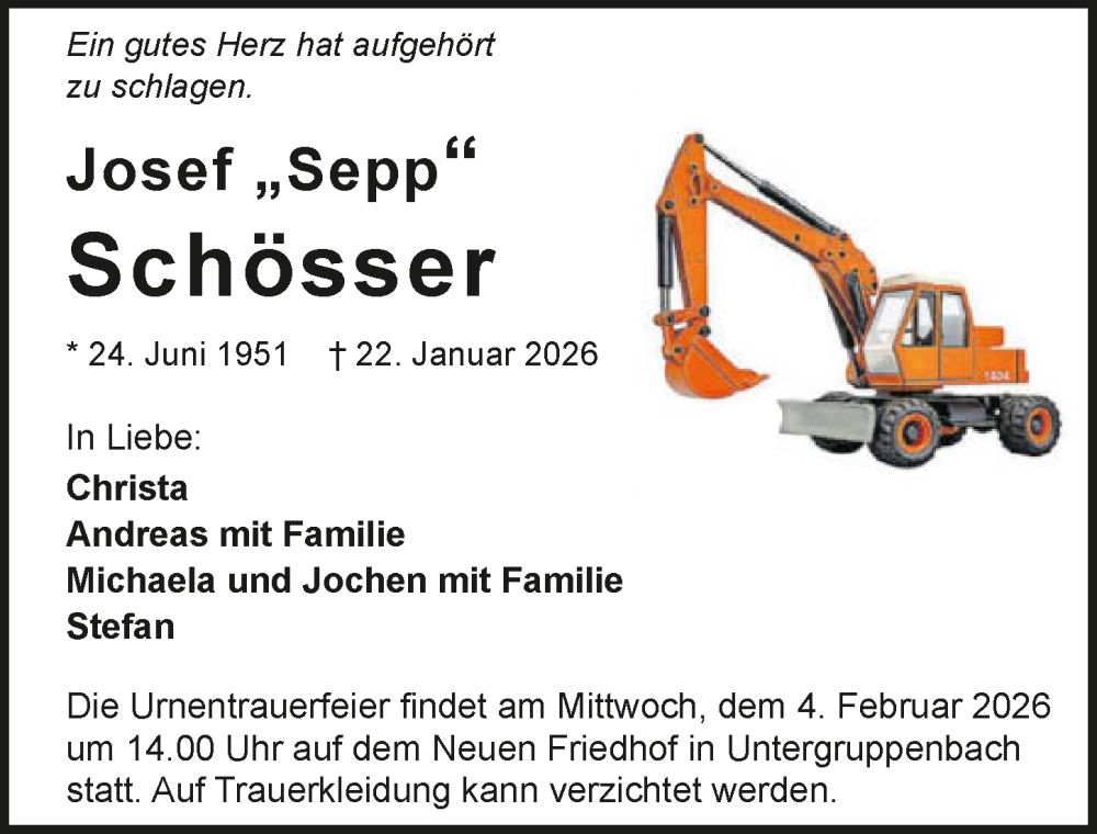  Traueranzeige für Josef Schösser vom 31.01.2026 aus GESAMT