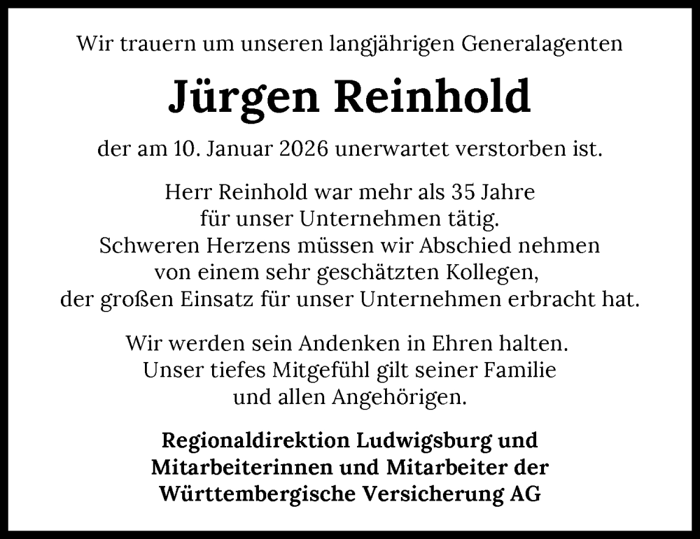  Traueranzeige für Jürgen Reinhold vom 19.01.2026 aus GESAMT