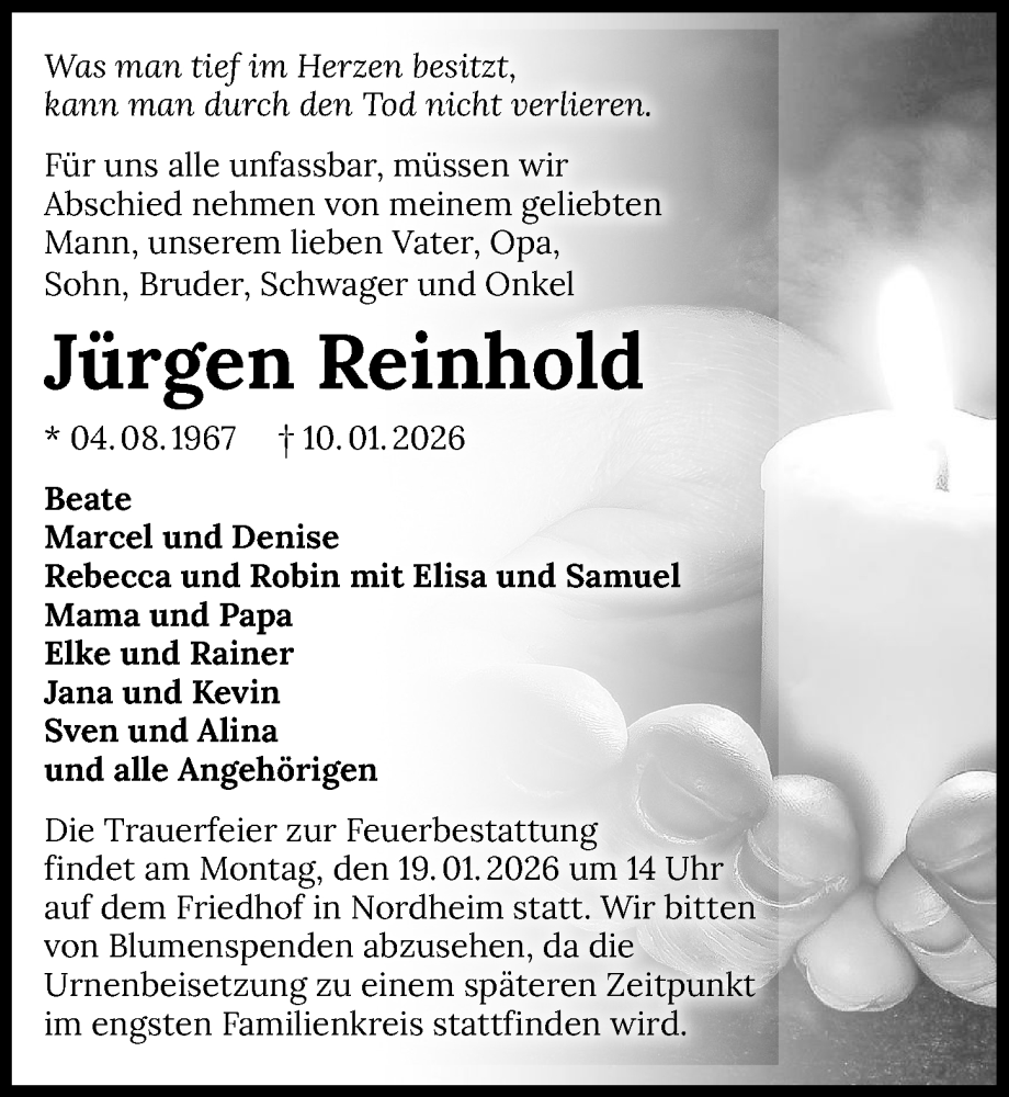  Traueranzeige für Jürgen Reinhold vom 15.01.2026 aus GESAMT