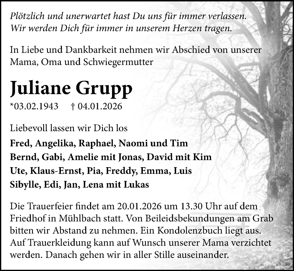  Traueranzeige für Juliane Grupp vom 17.01.2026 aus GESAMT