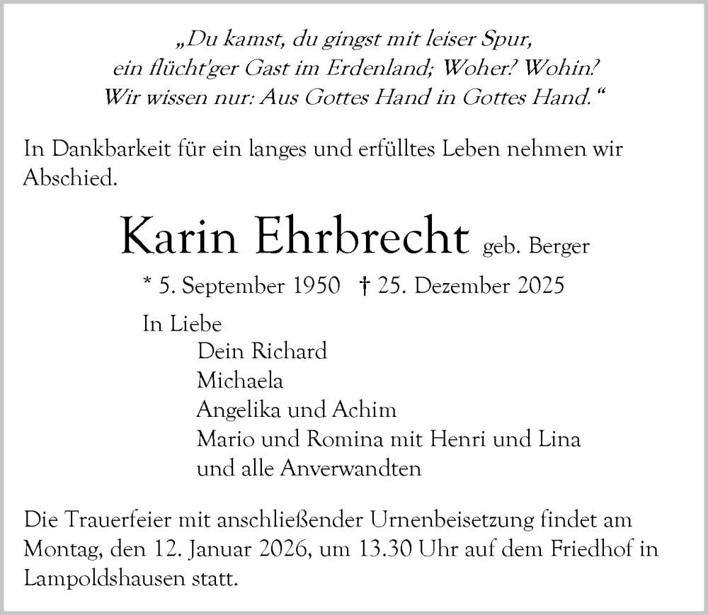  Traueranzeige für Karin Ehrbrecht vom 03.01.2026 aus GESAMT