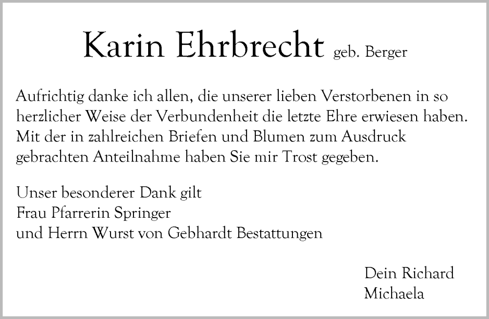  Traueranzeige für Karin Ehrbrecht vom 24.01.2026 aus GESAMT