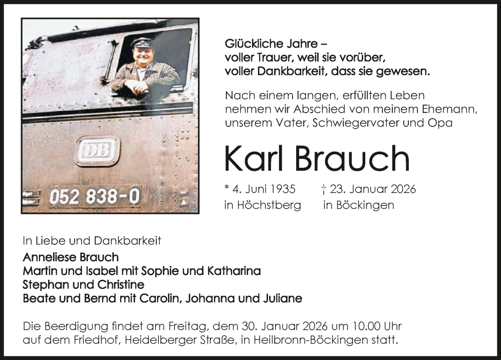  Traueranzeige für Karl Brauch vom 28.01.2026 aus GESAMT