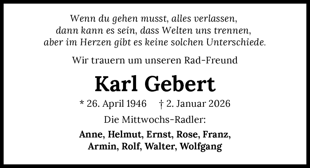  Traueranzeige für Karl Gebert vom 10.01.2026 aus GESAMT