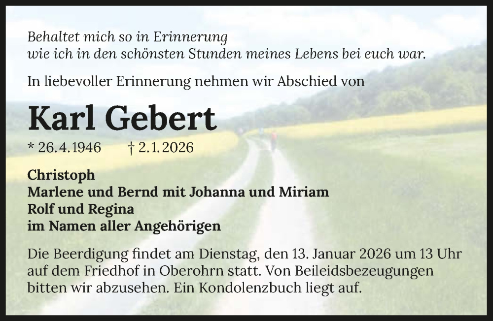  Traueranzeige für Karl Gebert vom 08.01.2026 aus GESAMT