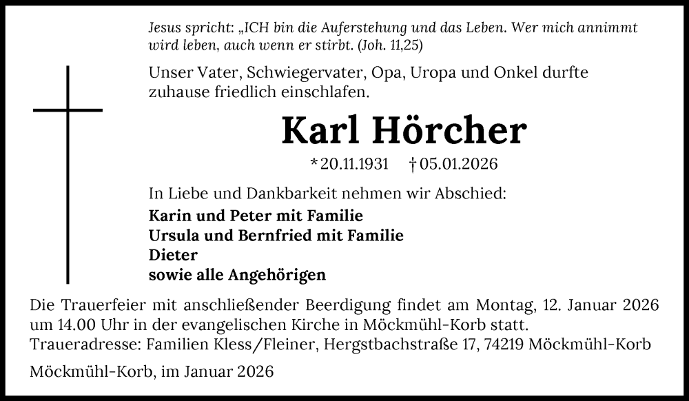  Traueranzeige für Karl Hörcher vom 10.01.2026 aus GESAMT