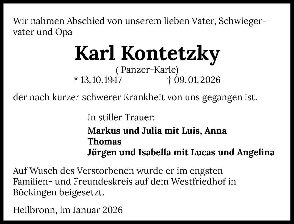  Traueranzeige für Karl Kontetzky vom 24.01.2026 aus GESAMT