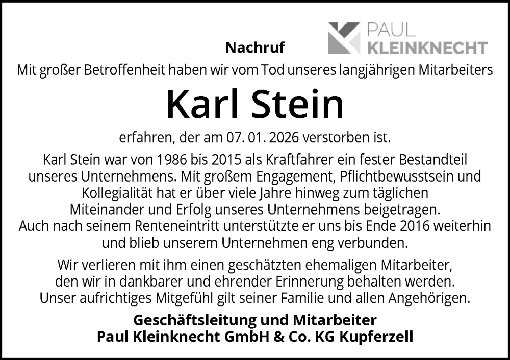  Traueranzeige für Karl Stein vom 17.01.2026 aus GESAMT