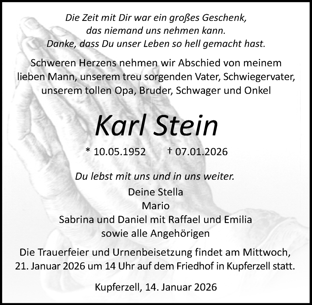  Traueranzeige für Karl Stein vom 14.01.2026 aus GESAMT
