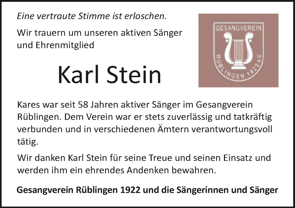  Traueranzeige für Karl Stein vom 14.01.2026 aus GESAMT