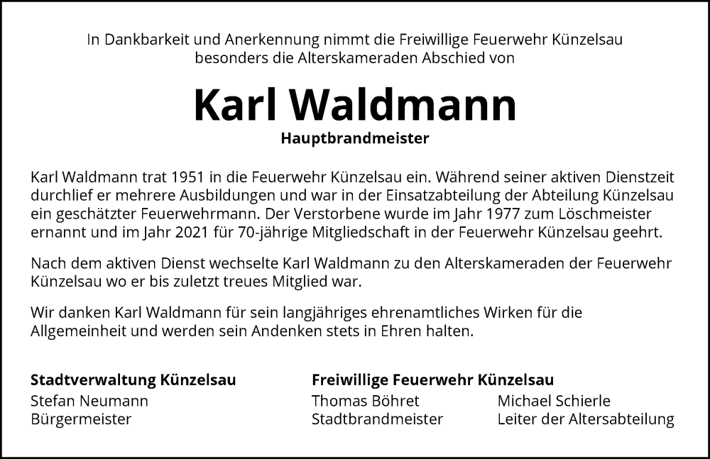  Traueranzeige für Karl Waldmann vom 10.01.2026 aus GESAMT