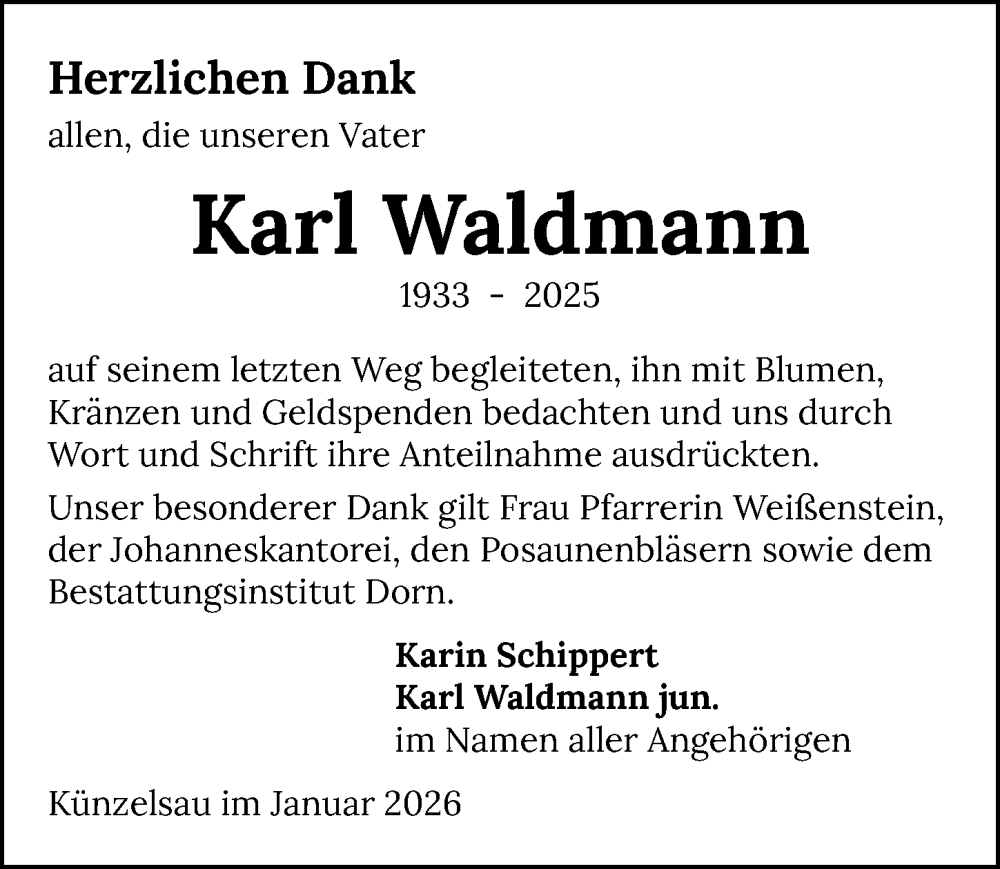  Traueranzeige für Karl Waldmann vom 28.01.2026 aus GESAMT
