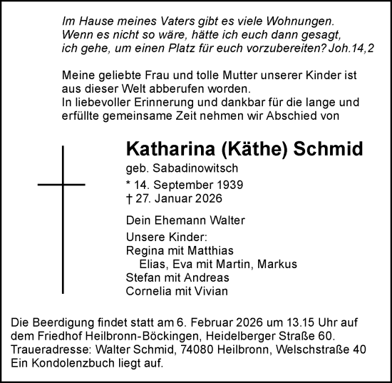 Traueranzeige von Katharina Schmid von GESAMT