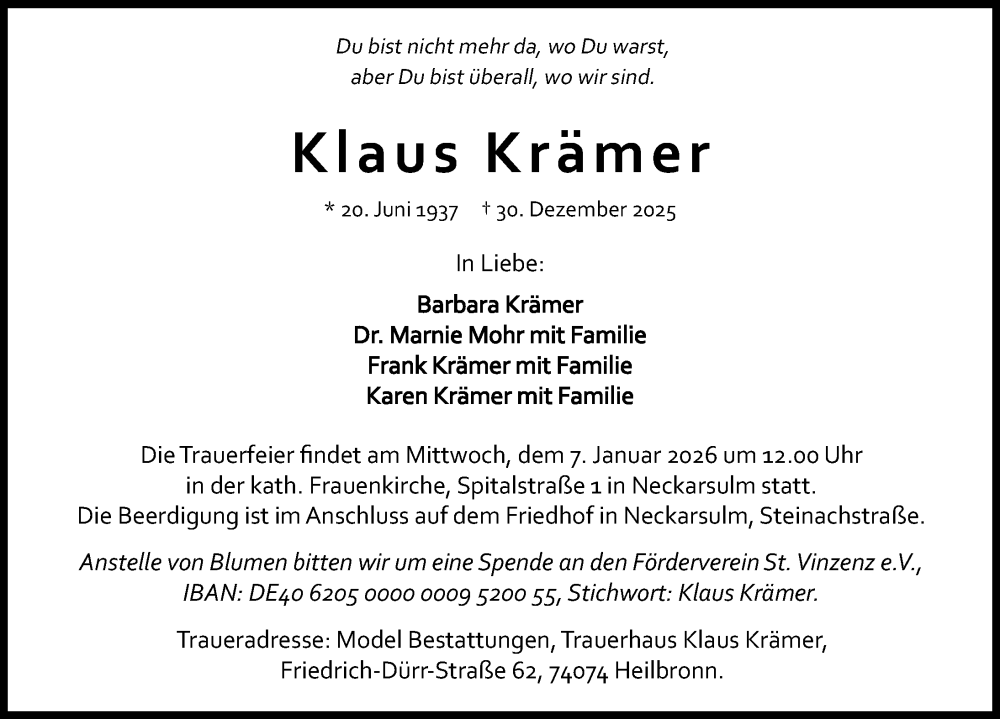  Traueranzeige für Klaus Krämer vom 03.01.2026 aus GESAMT