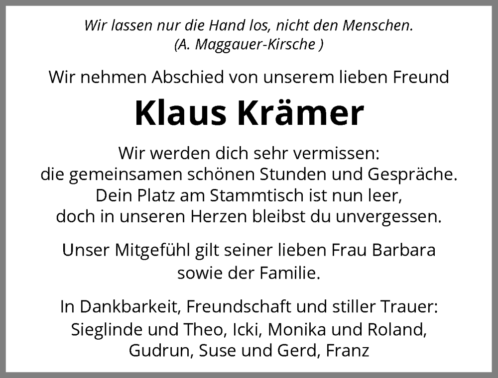 Traueranzeige für Klaus Krämer vom 07.01.2026 aus GESAMT
