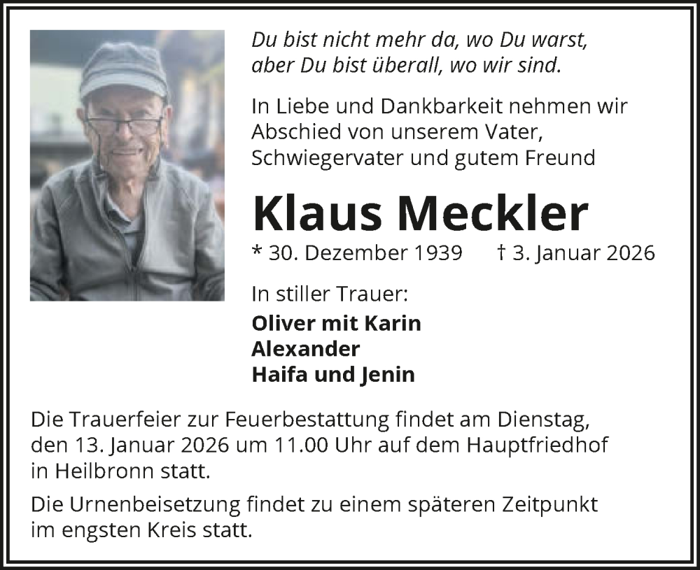  Traueranzeige für Klaus Meckler vom 10.01.2026 aus GESAMT