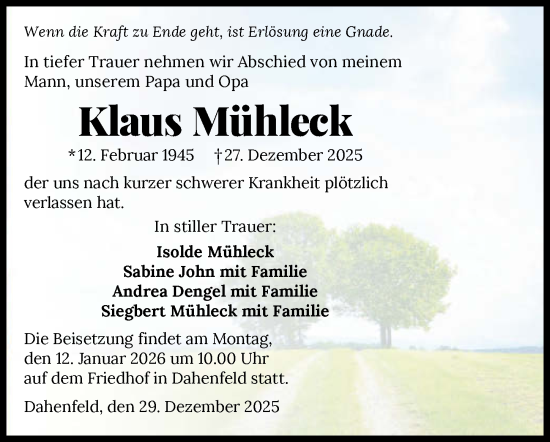 Traueranzeige von Klaus Mühleck von GESAMT