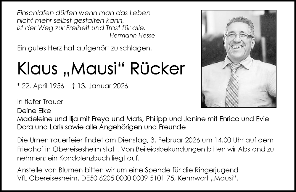  Traueranzeige für Klaus Rücker vom 24.01.2026 aus GESAMT