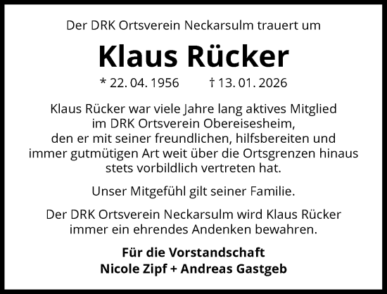 Traueranzeige von Klaus Rücker von GESAMT