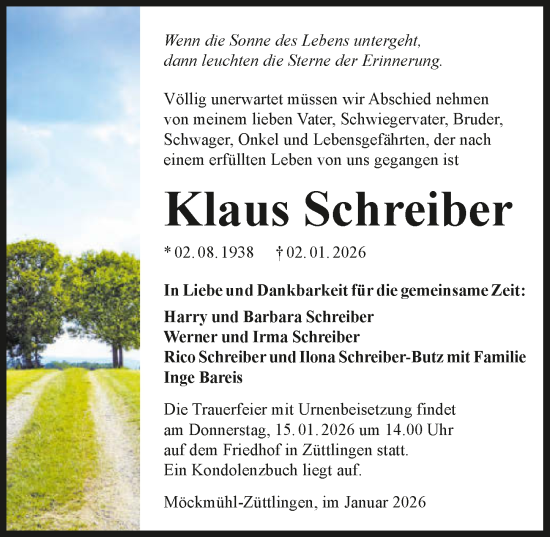 Traueranzeige von Klaus Schreiber von GESAMT