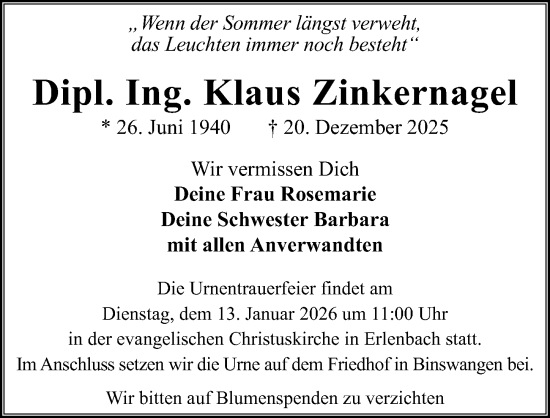 Traueranzeige von Klaus Zinkernagel von GESAMT