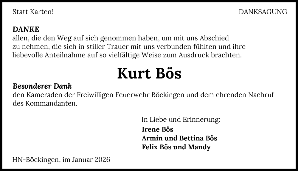  Traueranzeige für Kurt Bös vom 10.01.2026 aus GESAMT