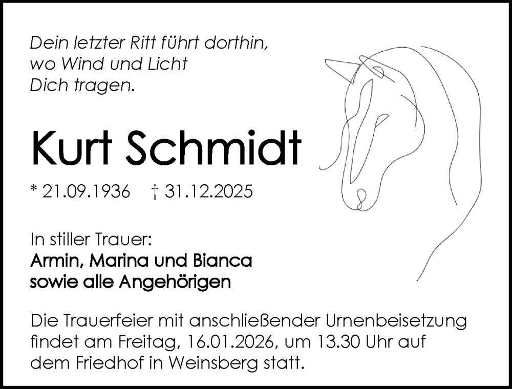  Traueranzeige für Kurt Schmidt vom 10.01.2026 aus GESAMT