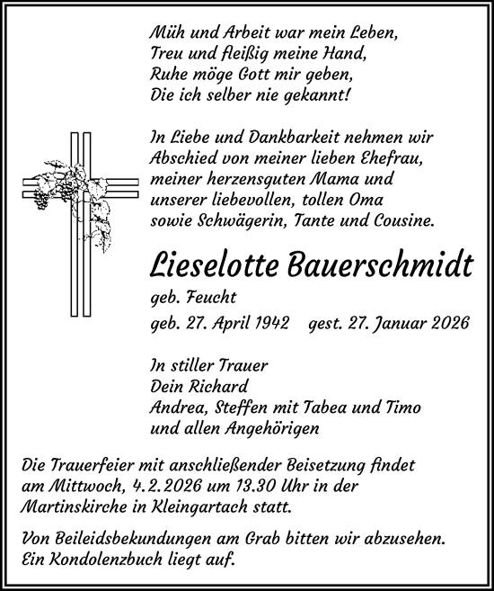 Traueranzeige von Lieselotte Bauerschmidt von GESAMT