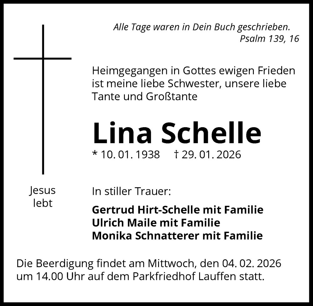  Traueranzeige für Lina Schelle vom 31.01.2026 aus GESAMT