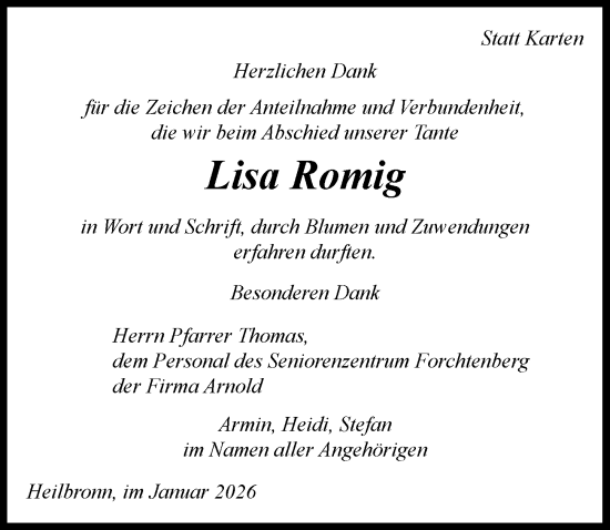 Traueranzeige von Lisa Romig von GESAMT