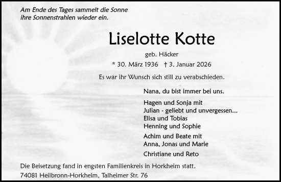 Traueranzeige von Liselotte Kotte von GESAMT