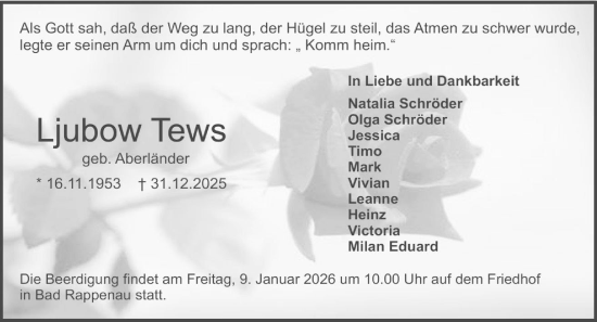 Traueranzeige von Ljubow Tews von GESAMT