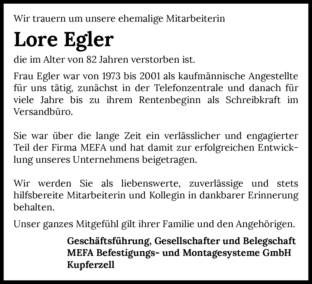  Traueranzeige für Lore Egler vom 17.01.2026 aus GESAMT