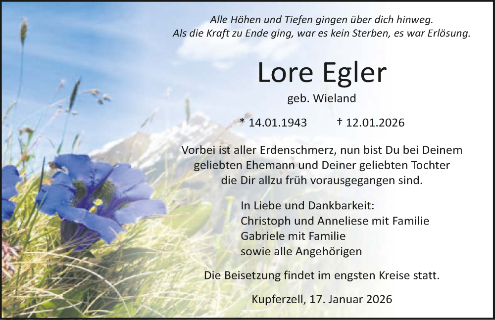  Traueranzeige für Lore Egler vom 17.01.2026 aus GESAMT