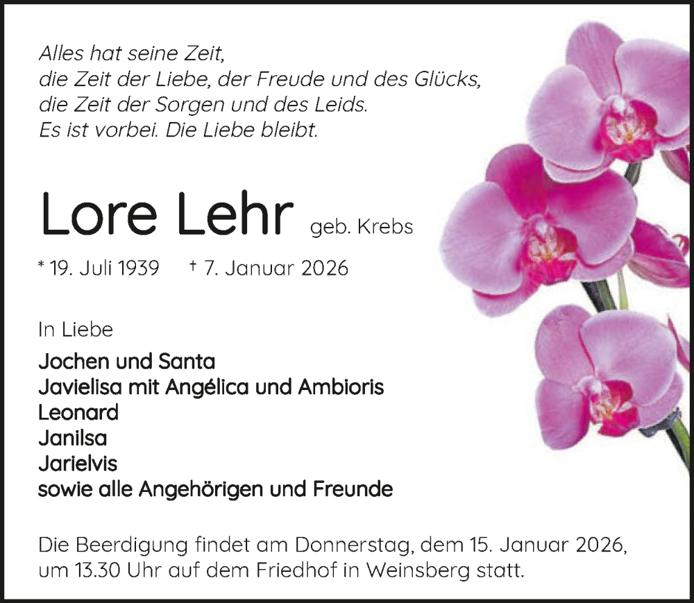  Traueranzeige für Lore Lehr vom 10.01.2026 aus GESAMT