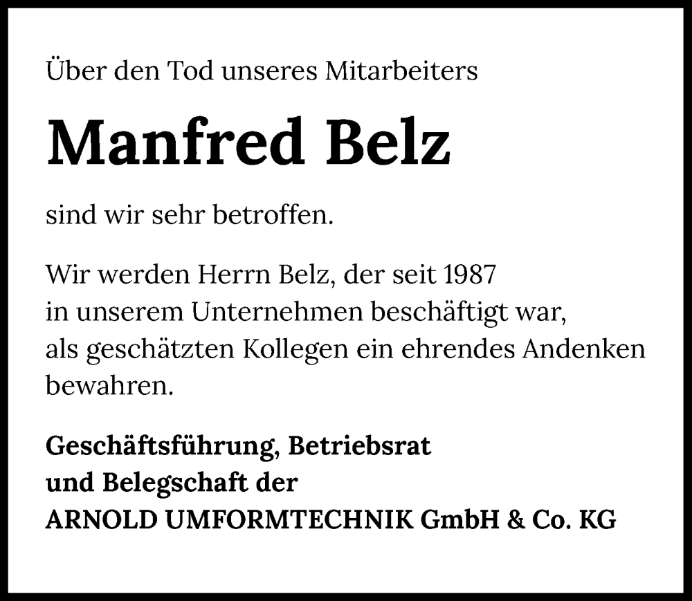  Traueranzeige für Manfred Belz vom 10.01.2026 aus GESAMT