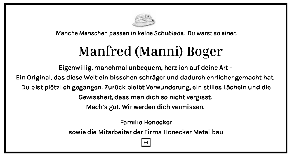  Traueranzeige für Manfred Boger vom 17.01.2026 aus GESAMT
