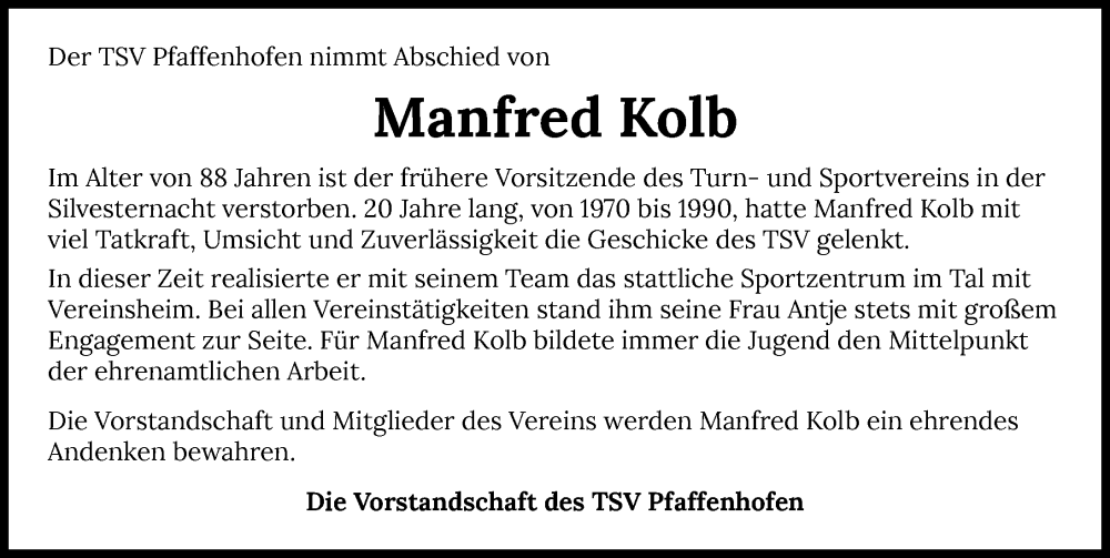  Traueranzeige für Manfred Kolb vom 17.01.2026 aus GESAMT