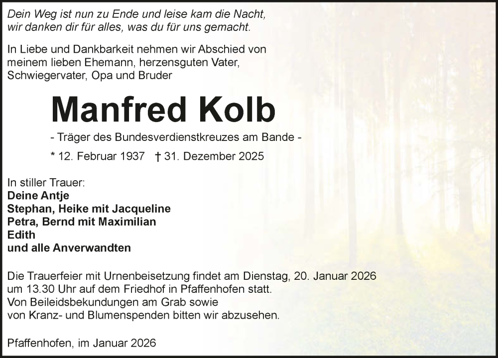  Traueranzeige für Manfred Kolb vom 17.01.2026 aus GESAMT