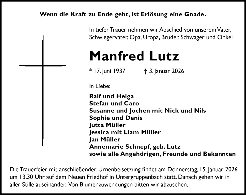  Traueranzeige für Manfred Lutz vom 10.01.2026 aus GESAMT