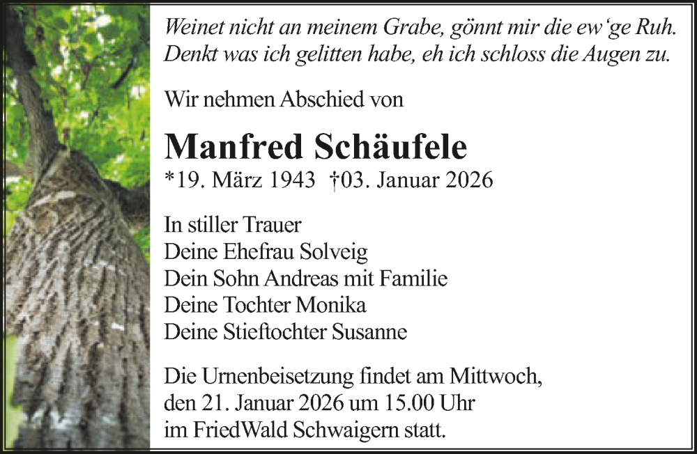  Traueranzeige für Manfred Schäufele vom 10.01.2026 aus GESAMT