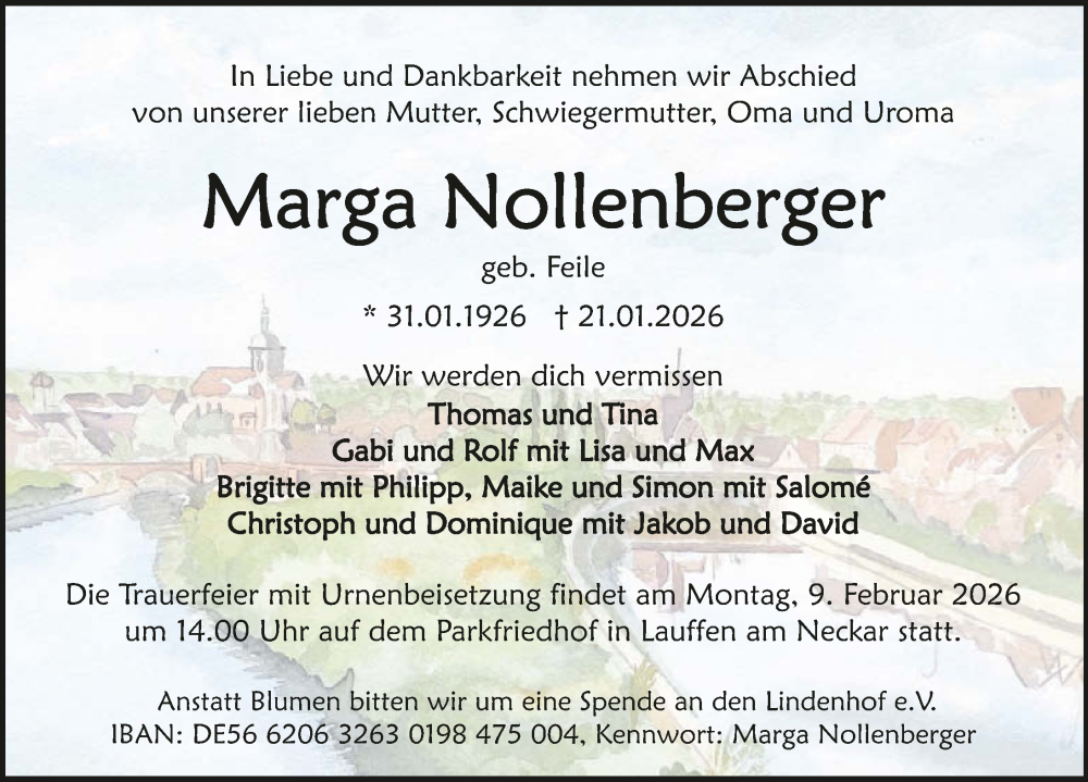  Traueranzeige für Marga Nollenberger vom 31.01.2026 aus GESAMT